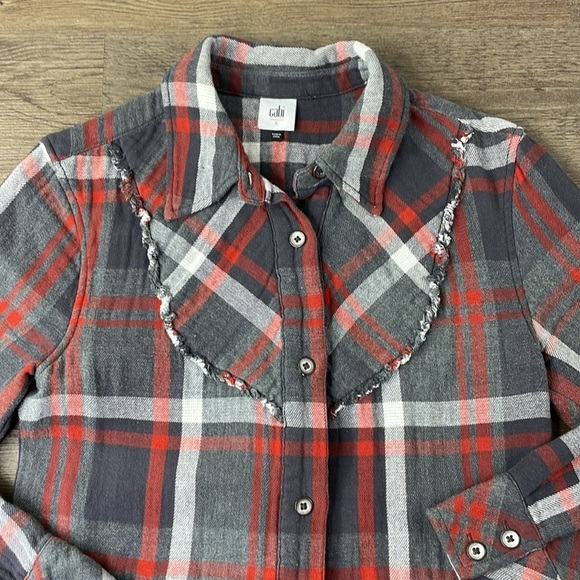 CAbi Women’s #4164 Plaid Tavern Shirt Ruffle Jacket in Gray Red White, sz SM - Picture 7 of 12